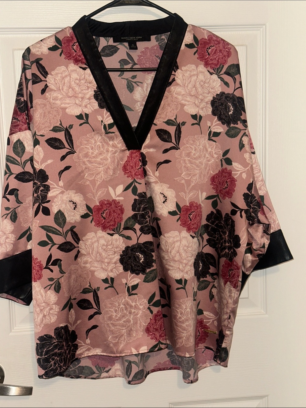 Marc New York Blush Pink Floral Satin Blouse with Black Trim